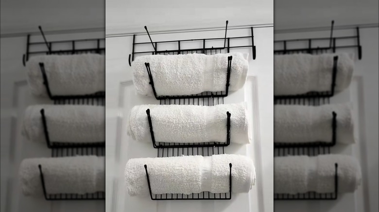 An over-the-door towel holder.