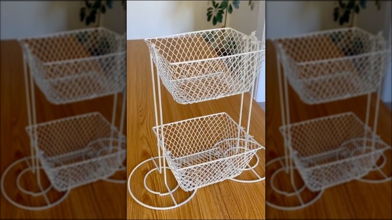 A DIY two-tier basket for storing small items.