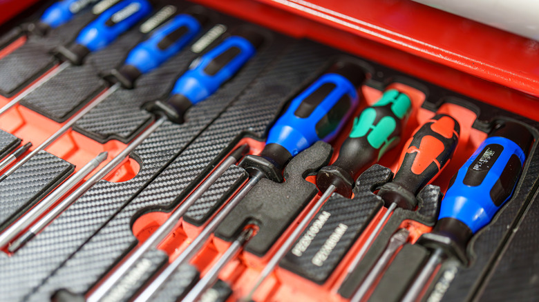 A set of screwdrivers with blue and green handles is neatly organized in a red tool case.