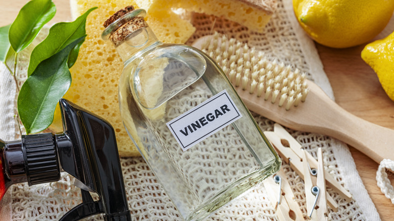 Glass bottle of white vinegar on table with cleaning sipplies