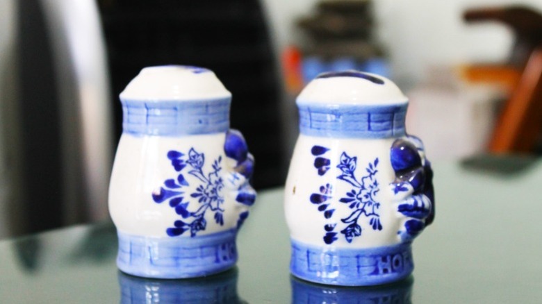 Vintage blue and white ceramic salt and pepper shakers.