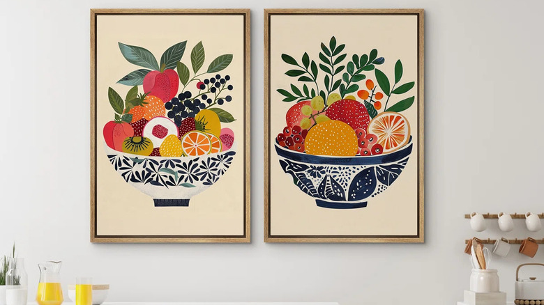 Vibrant wall art depicting fruit in bowls against gray wall