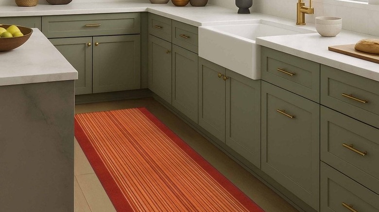 Warm toned rug in rusts and browns in a kitchen with gray floors, cabinets, and backsplash