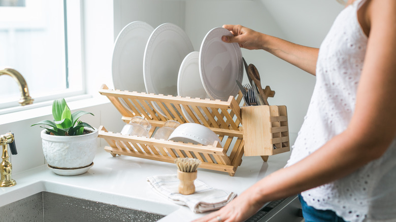 Bamboo dish drying rack in kitchen