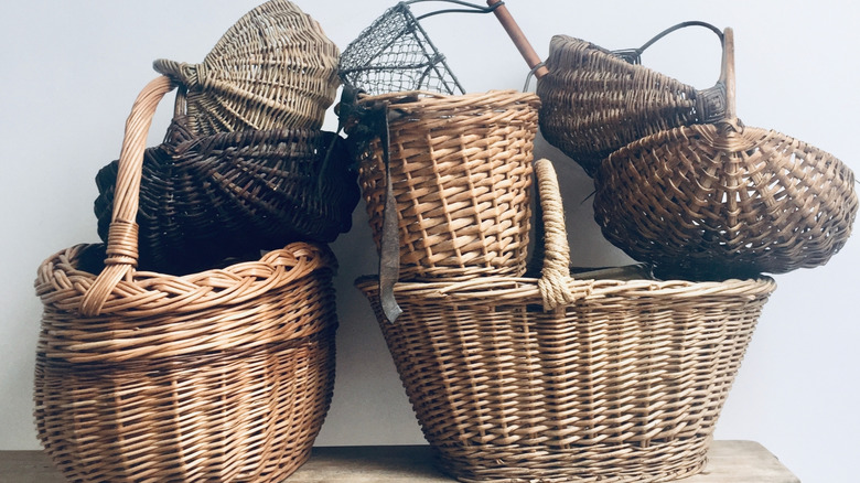 Stacked vintage wicker baskets