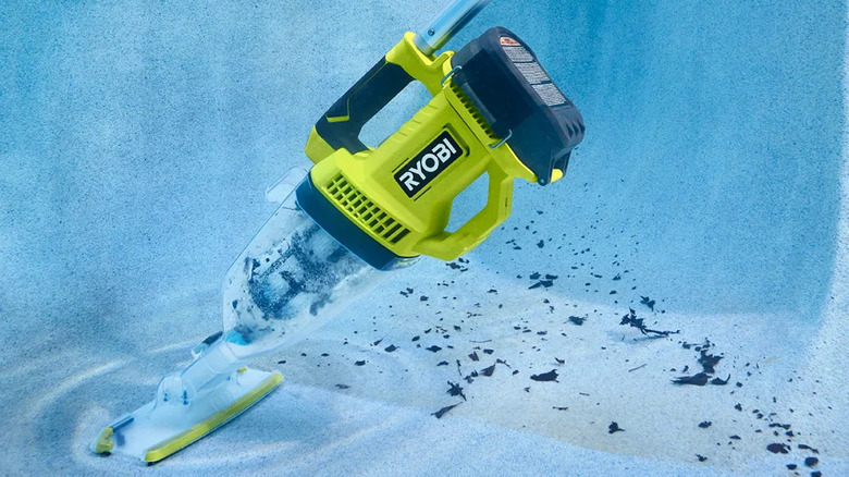 Underwater shot of Ryobi's 18V One+ Handheld Cordless Pool Vacuum Cleaner in action