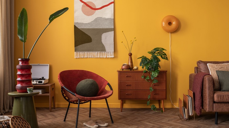 yellow living room with vintage furniture