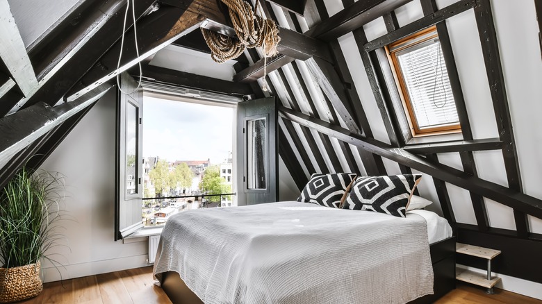 black and white interior attic