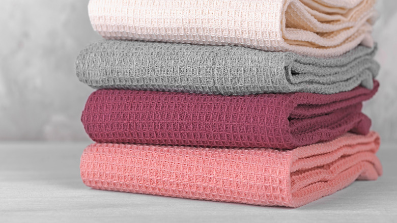 Close-up of multi-colored waffle weave cotton kitchen dish towels