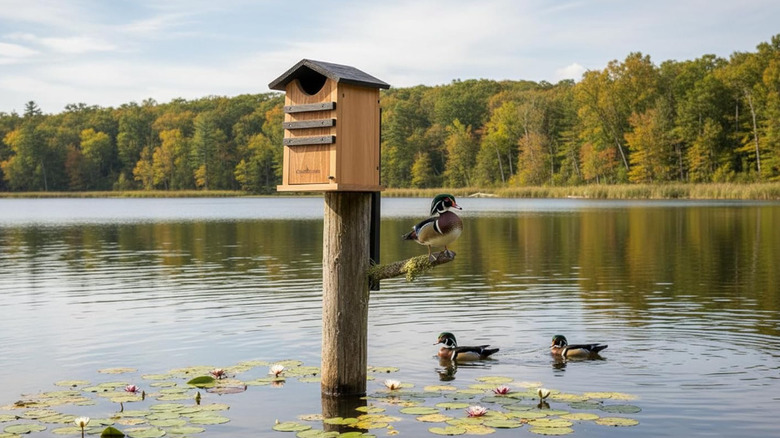 A Cedar Alpha owl house mounted on a pole in a lake with ducks around it.