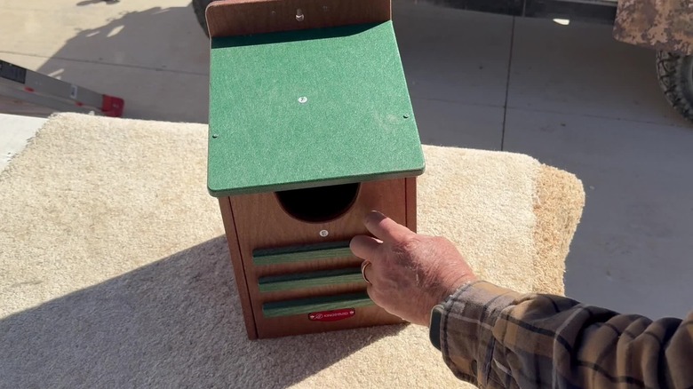 Man's hand touching the door of the Kingsyard recycled plastic owl box