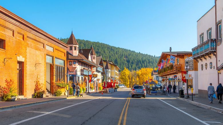 Bavarian themed buildings with shops and cafes in the picturesque small mountain town of Leavenworth in the Cascade Mountains of central Washington State