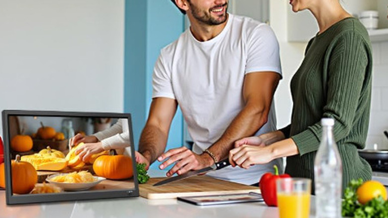 A man and woman use a cutting board next to a kitchen TV.