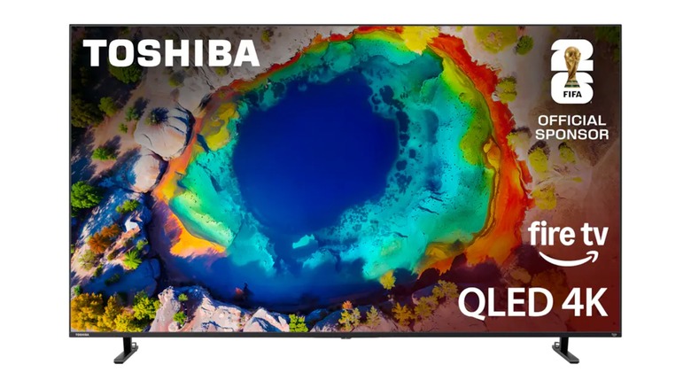 A Toshiba 75-inch Class M550 Series QLED 4K UHD Smart Fire TV.