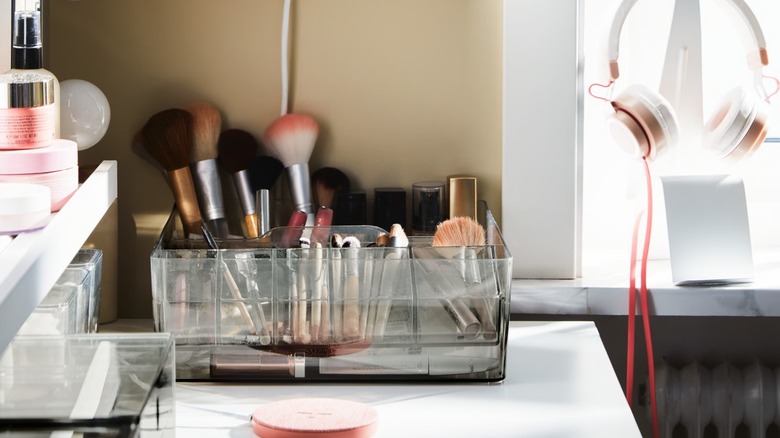IKEA vanity with organization products