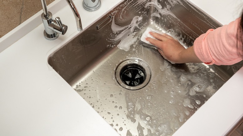 Person cleaning a kitchen sink