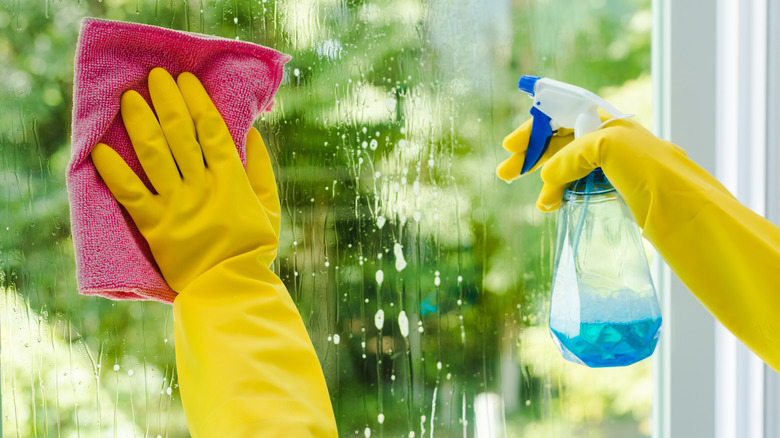 Someone spraying and wiping down a window with Windex