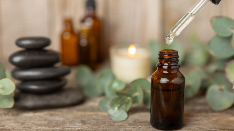 Close-up of an essential oil dropper bottle