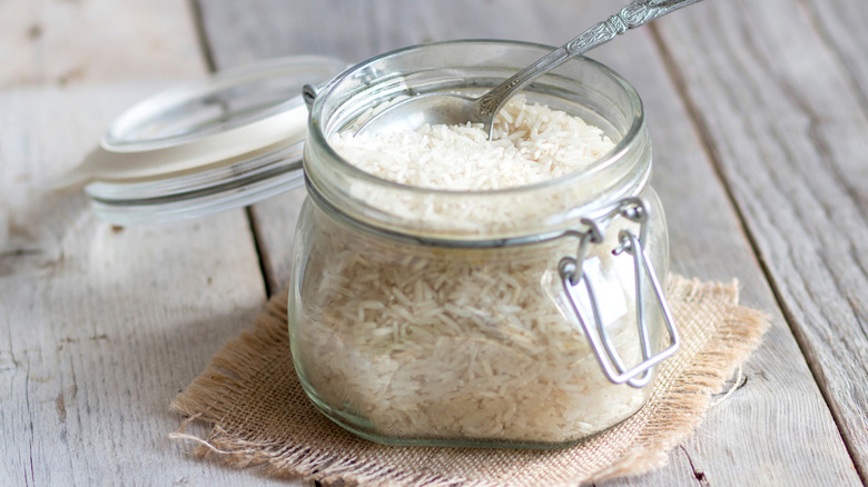 Close-up of a jar of white rice