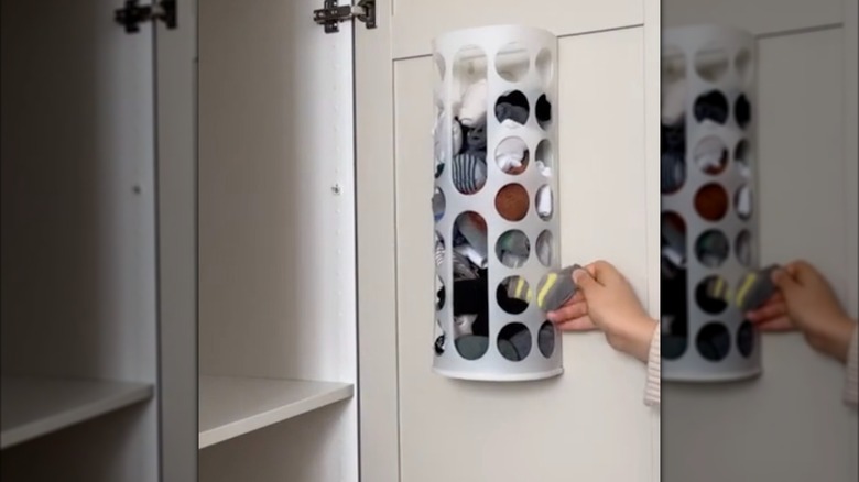 IKEA VARIERA as sock dispenser hanging on the inside of a closet door