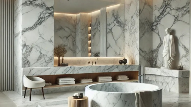 Statuary marble counter, walls, and tub