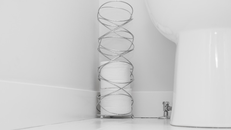 Toilet paper rolls inside a toilet paper stand