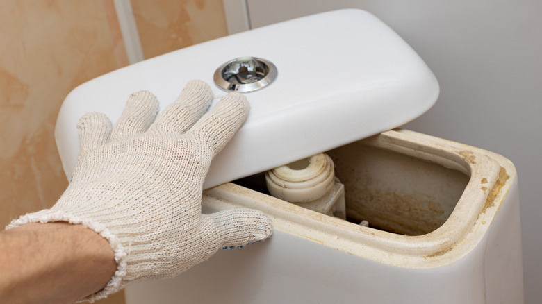 A gloved hand pushes off the lid of a dirty toilet tank
