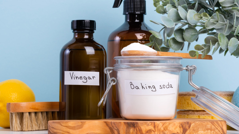 A jar labeled "vinegar" next to a clear jar labeled "baking soda"
