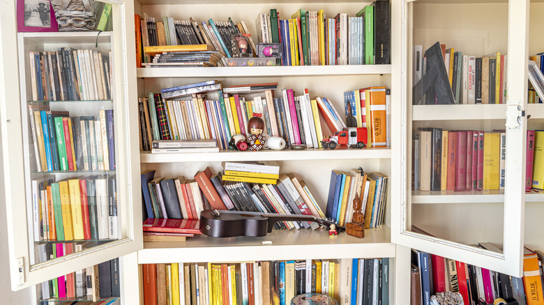 messy shelves with toys in front of books
