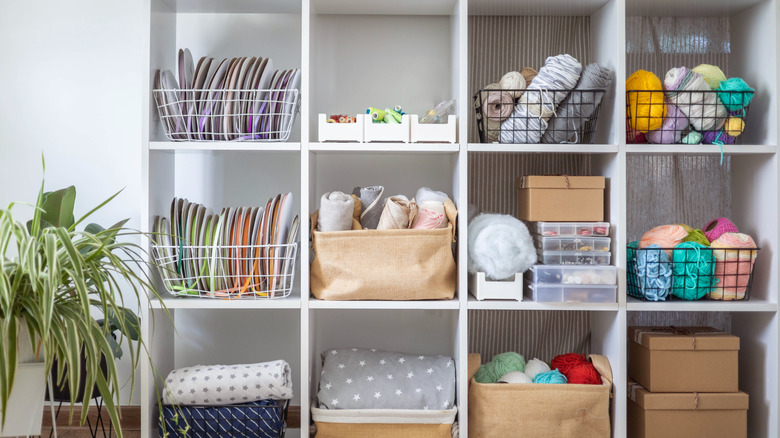 wire organizers on an open shelf
