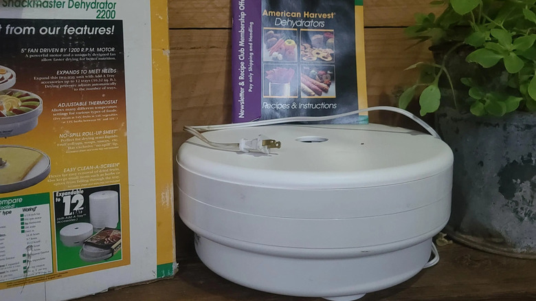 An American Harvest dehydrator from 1994 sits on a countertop next to its box and instruction booklet.