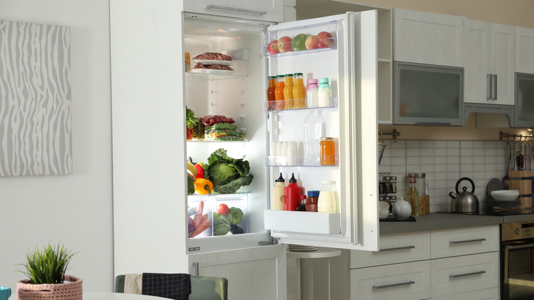 white fridge fitted with cabinet doors