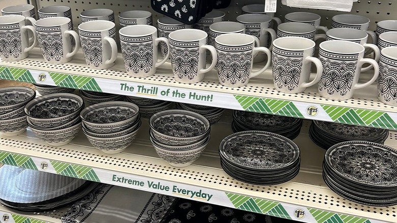 A display of patterned stoneware at Dollar Tree