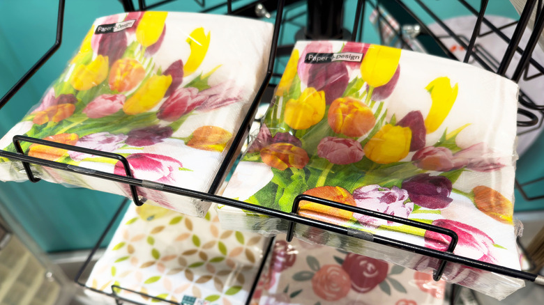 A display of paper napkins with floral designs