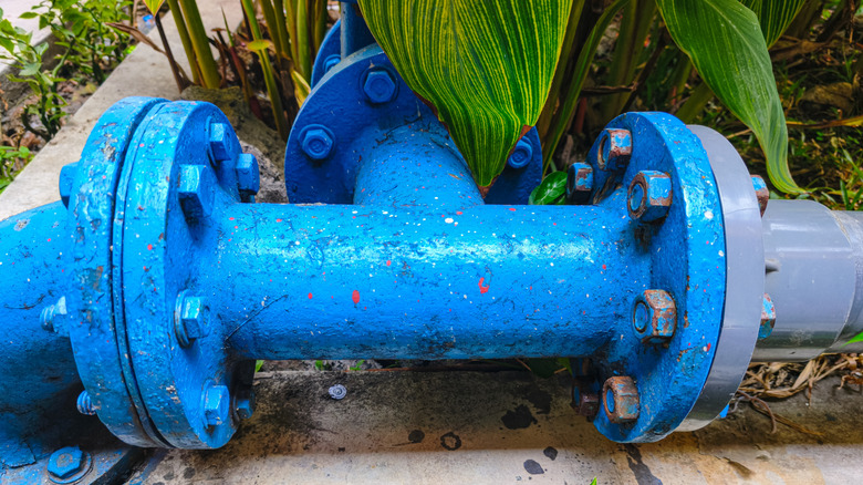 A blue cast iron water pipe junction valve and flange fittings next to a landscaped yard.