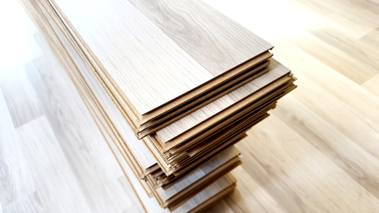 A stack of panels of engineered bamboo flooring.