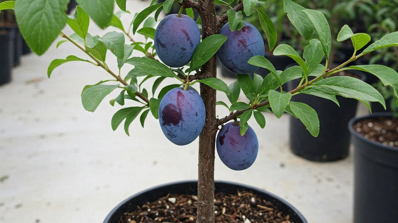 A Hollywood plum tree with purple fruit growing in a pot