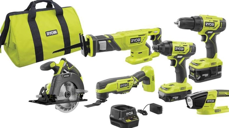 The Ryobi 6-tool set including a battery charger and bag.