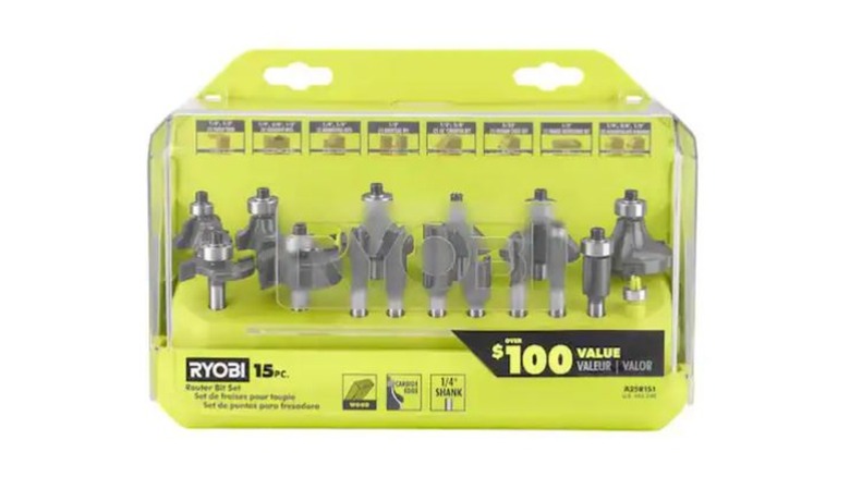 The Ryobi Shank Carbide 15-Piece Router Bit Set packaging.