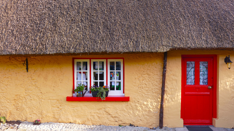 small yellow home with red door and thatched roof