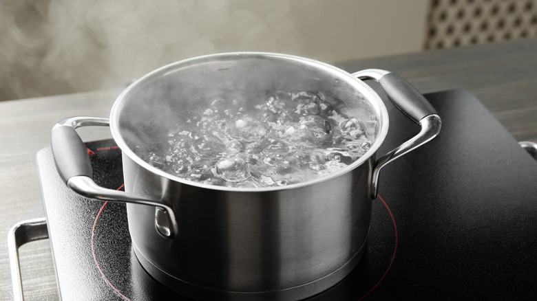 Pot on stove with boiling water