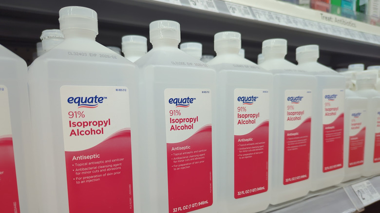 Close up of isopropyl alcohol bottles on Walmart store shelf