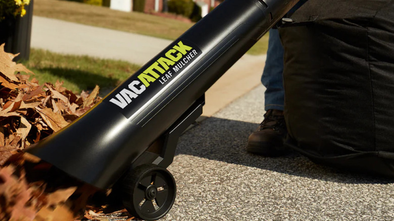 The Ryobi leaf mulcher and vacuum sucking up leaves.