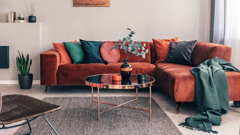 Red sofa sectional in living room