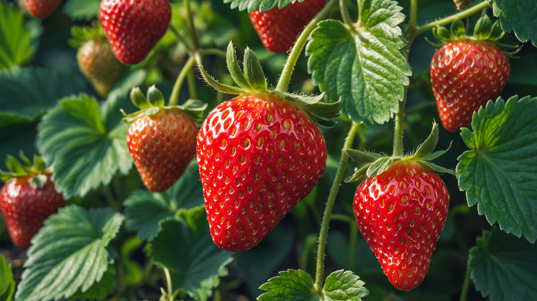 Strawberries on a vine in natural light