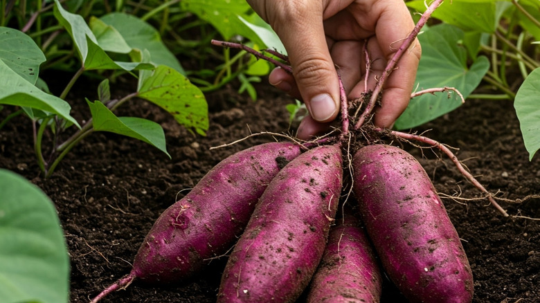 A gardener holds a bundle of recently harvested purple sweet potatoes above a bed of plants.