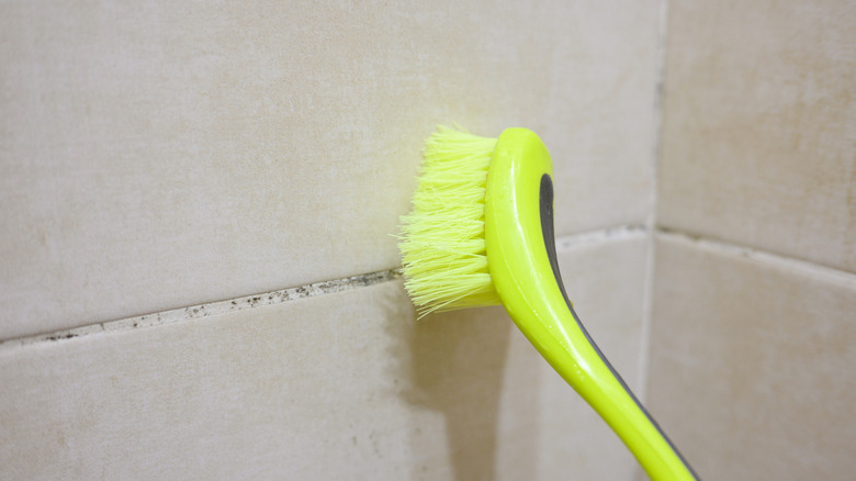 Brush being used to clean shower tile grout.