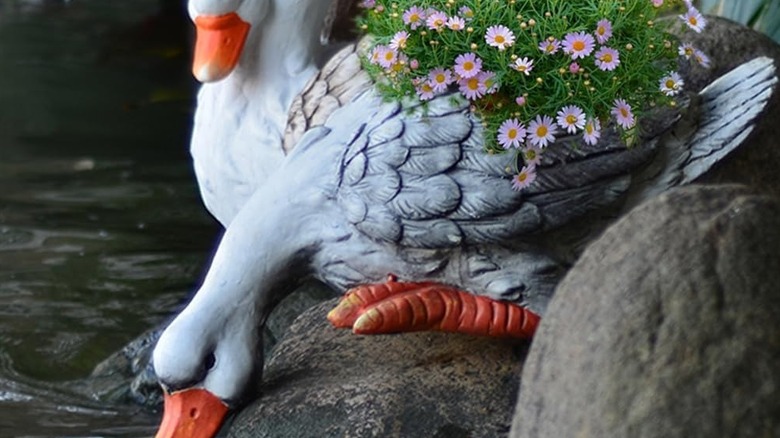 A goose-themed planter with a flowering spring annual growing inside.