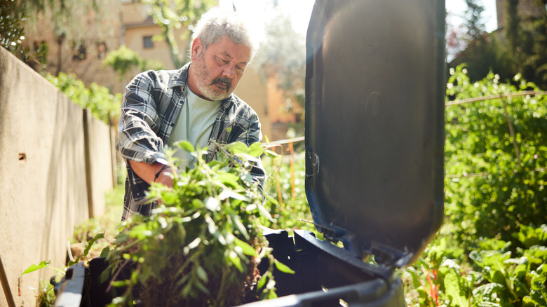 A man putting weeds in the compost bin