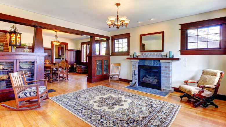 Craftsman living room with built-in cabinets